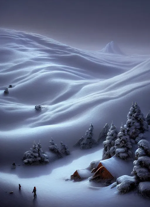 Image similar to a hyper - detailed 3 d render like a oil painting of winter in the low - poly hills, surrealism!!!!! surreal concept art, lifelike, photorealistic, digital painting, aesthetic, smooth, sharp focus, artstation hd, by greg rutkowski, krenz cushart, chris tulloch mccabe, valentina remenar and asher duran,