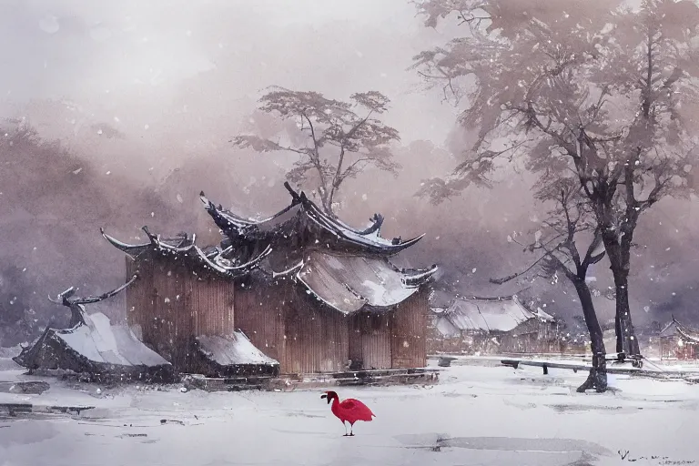 Prompt: a big mean goose, chinese village, trees, school, snow and winter watercolor, artastation ， soft lighting. by wenjun lin, tony sandoval