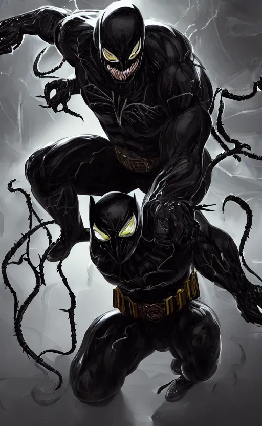 Image similar to venom as batman, dynamic lighting, photorealistic fantasy concept art, trending on art station, stunning visuals, terrifying, creative, cinematic