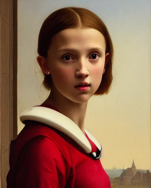 Image similar to a window - lit realistic portrait painting of a thoughtful girl resembling a young, shy, redheaded alicia vikander or millie bobby brown wearing a futuristic red plastic spacesuit, lit by an oval window at the side, highly detailed, intricate, by vermeer, william bouguereau, and donato giancola, and vermeer