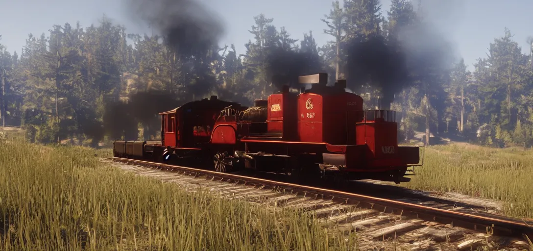 Image similar to A train in red dead redemption 2, screenshot, high quality image, widescreen, in-game engine, 8k, octane render