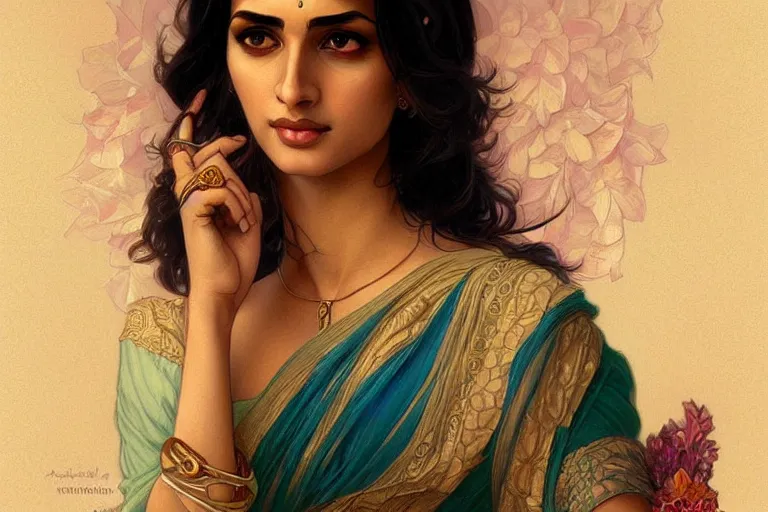 Image similar to sensual pale beautiful indian doctor in jeans, art deco portrait, elegant, intricate, digital painting, artstation, concept art, smooth, sharp focus, illustration, art by artgerm and greg rutkowski and alphonse mucha