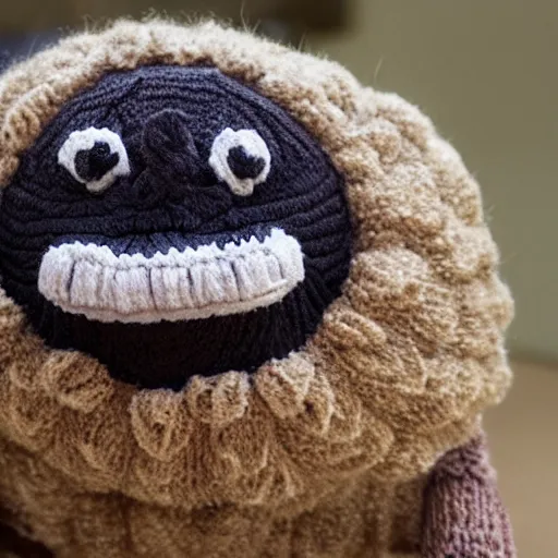 Image similar to a closeup photorealistic smiling knitted cartoonish tortoise.