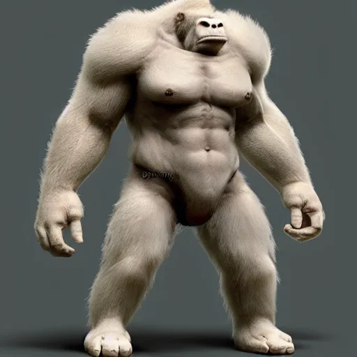 Prompt: angry tough rough looking albino gorilla. scars, battle damage, scratched armor, interesting 3 d character concept by square enix, in the style of league of legends, hyper detailed, character modeling, cinematic, final fantasy, video game character concept, ray tracing, fur details, maya, c 4 d