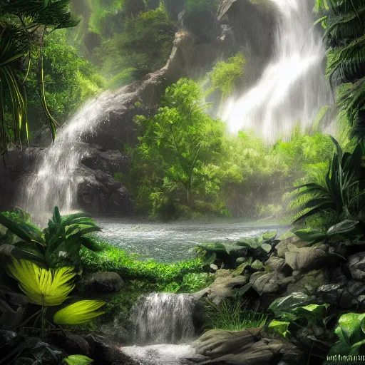 Image similar to Waterfall in the middle of the jungle, 8k, detailed, concept art, trending on artstation