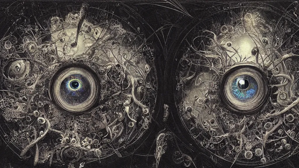 Image similar to a beautiful dreamy painting of a coronavirus inside a broken television screen, evil eye, dark, sinister, detailed, high contrast, art by Ernst Haeckel and Greg Rutkowski