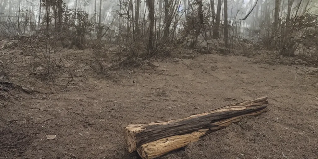 Image similar to ominous log of wood floating in a dusty scenery, dangerous aura, low angle shot