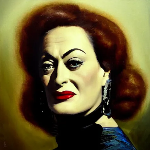 Prompt: high quality oil painting portrait of Joan Crawford by Rembrandt and Raymond Swanland, dark background, high fantasy, perfect lighting, 8k, HD