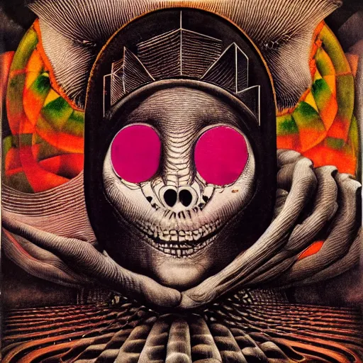 Image similar to post - punk new age album cover, asymetrical design, magic, apocalypse, psychedelic, black white pink, magic, giger h. r., giuseppe arcimboldo