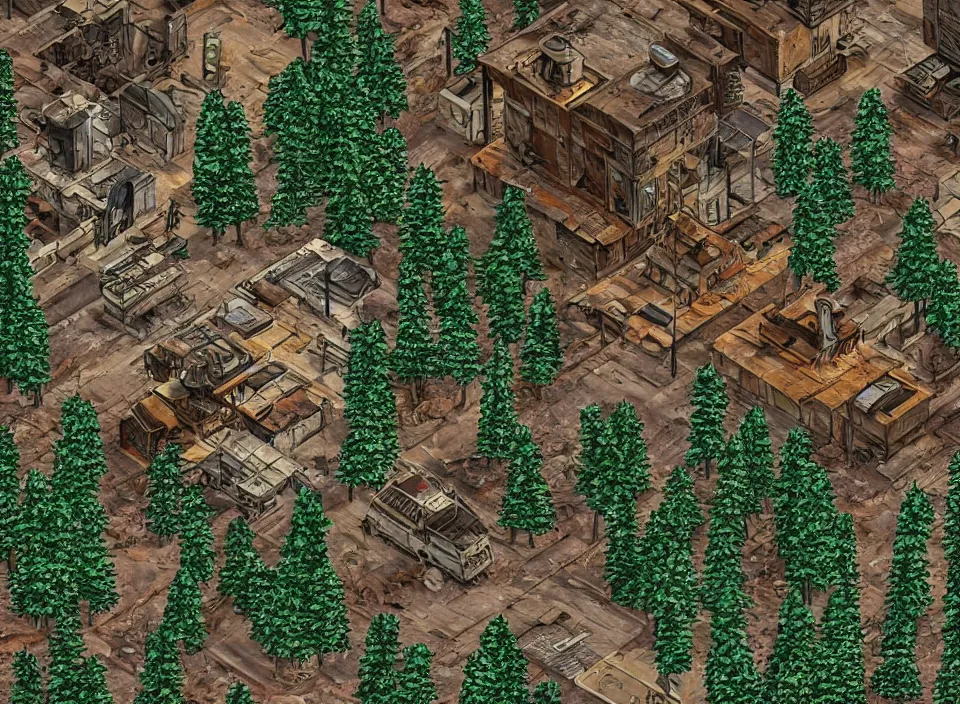 Image similar to Screenshot of the outside of an diseased pine forest in Fallout 2 (1998), isometric perspective, postapocalyptic, bird's eye view, prerendered isometric graphics, high quality