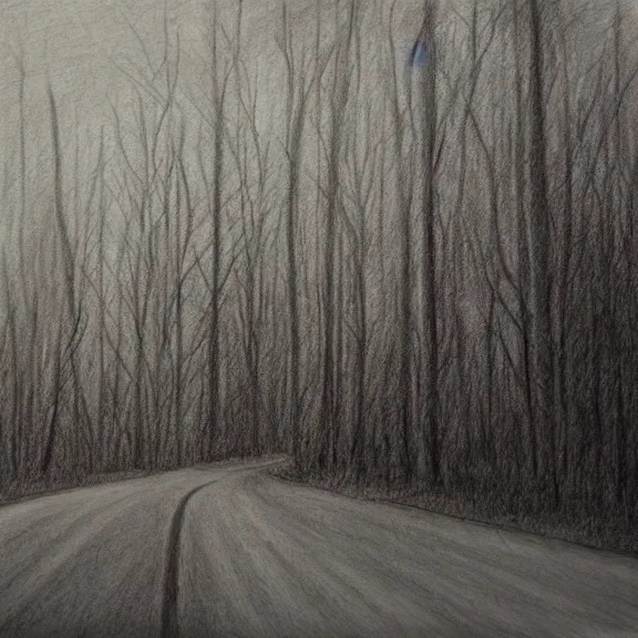 Image similar to a pencil drawing of a car driving through a forest on a gravel road, soft lighting, atmospheric, sunlight. by pen tacular