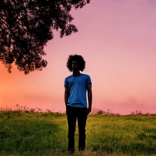 Image similar to dark skin man with curly hair, in the style of an anime film, standing alone in nature, sunset, backlit, contemplative, dreamy, pastel colors, youthful, fairylike