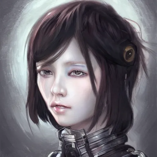 Image similar to portrait of a girl by ayami kojima, mixture between japanese and russian, she is about 2 0 years old, messy black bob hair, very tall and slender, she is wearing a steampunk tactical gear, highly detailed portrait, digital painting, artstation, concept art, smooth, sharp foccus ilustration, artstation hq