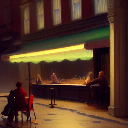 Image similar to lonely night at a cafe in manhattan, fantasy, intricate, elegant, digital painting, trending on artstation, concept art, soft focus, illustration by greg rutkowski, edward hopper, 4 k.