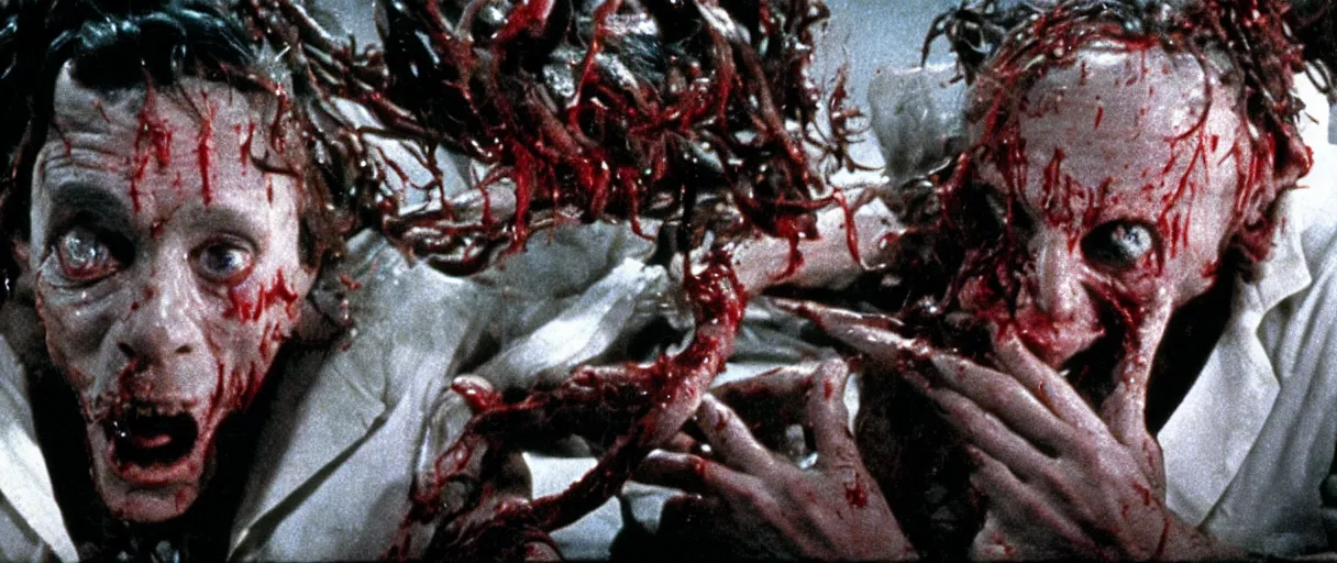 Image similar to filmic extreme wide shot dutch angle movie still 35mm film color photograph of a doctor getting his both his eyeballs pulled out by dangerous alien worms coming from off camera, blood splattering, in the style of The Thing 1982 horror film