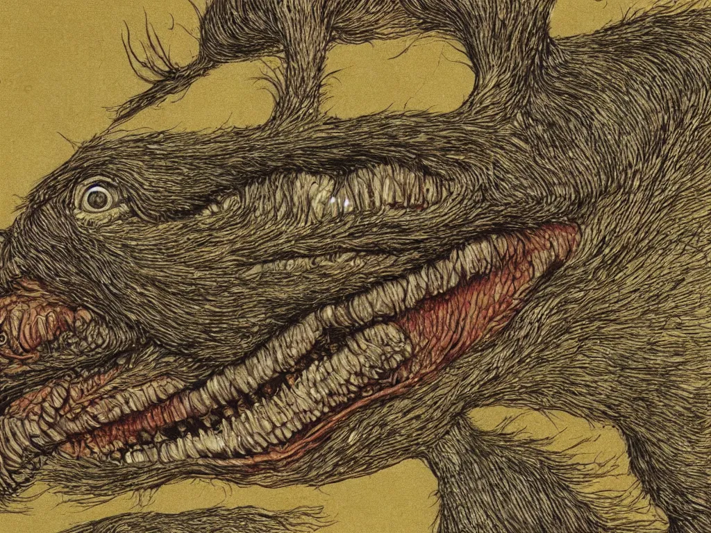 Prompt: close up view of a creature. codex seraphinianus, walton ford