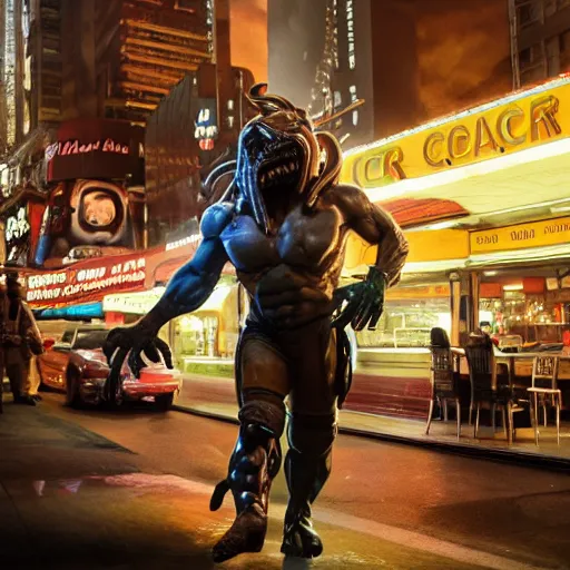 Image similar to The Predator dressed as a short order cook from a diner service ice cream cones from a cart in Time Square to a long line of children, cinematic lightning, medium shot, mid-shot, highly detailed, trending on artstation, Unreal Engine 4k, cinematic wallpaper, by Dustin Nguyen, Akihiko Yoshida, Greg Tocchini, Greg Rutkowski, Cliff Chiang, 4k resolution