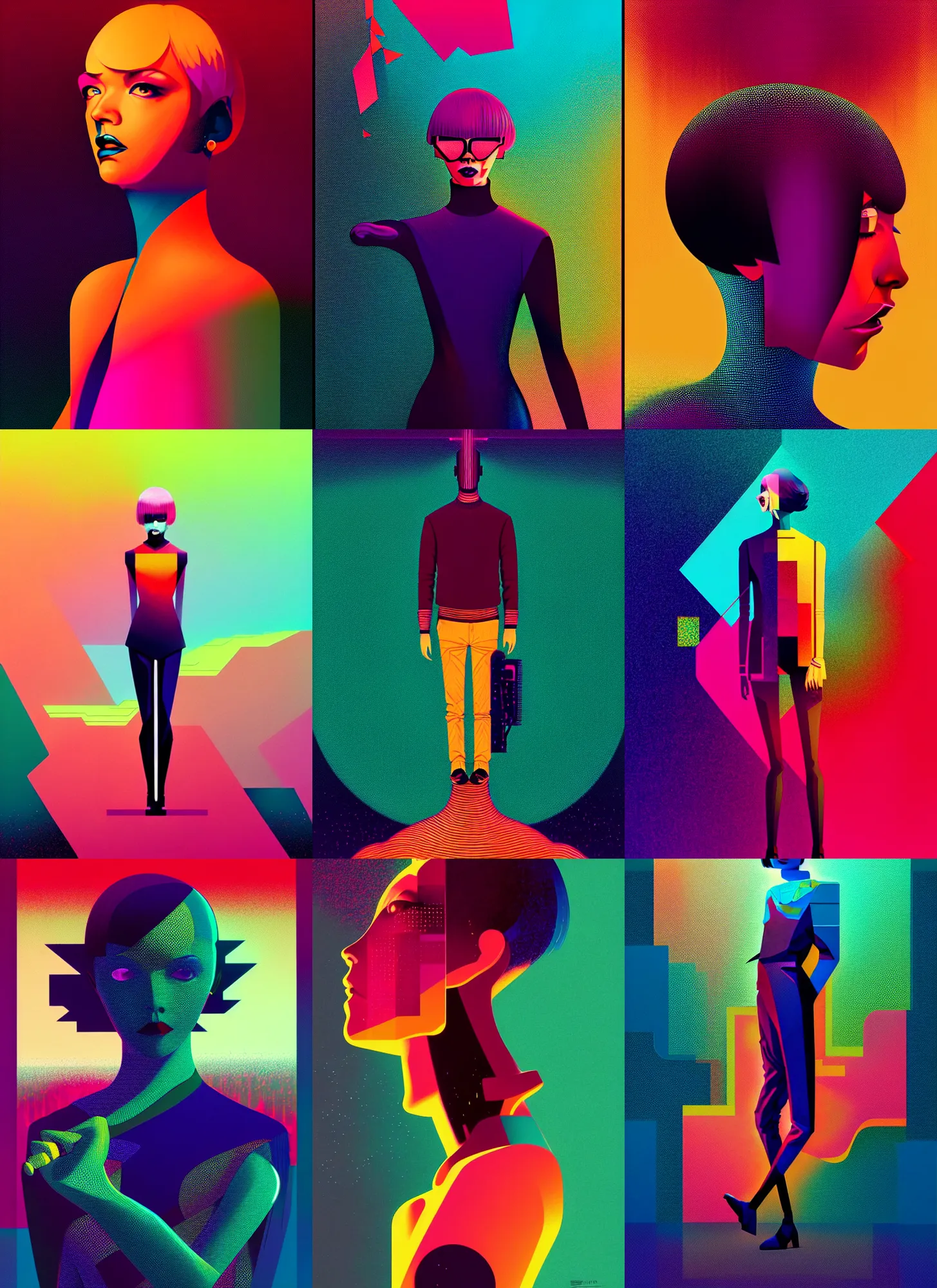Prompt: ( ( dither ) ), editorial illustration full body portrait of reol, dynamic pose, modern art deco, colorful, ( ( mads berg ) ), christopher balaskas, victo ngai, rich grainy texture, detailed, dynamic composition, wide angle, matte print, ( ( glitch art ) )