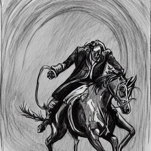 Prompt: a headless horseman riding through the night, old time sketch, ink,