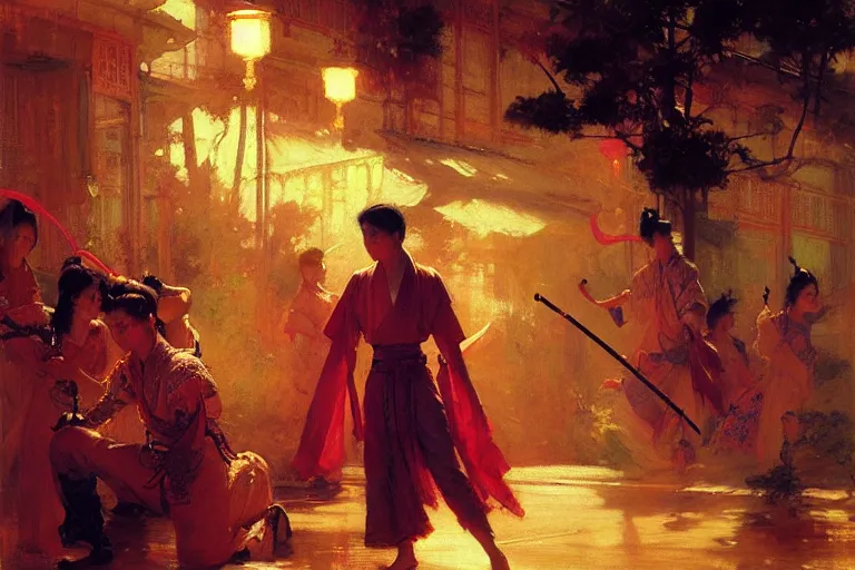 Image similar to wuxia, summer, attractive male, neon light, painting by gaston bussiere, craig mullins, j. c. leyendecker