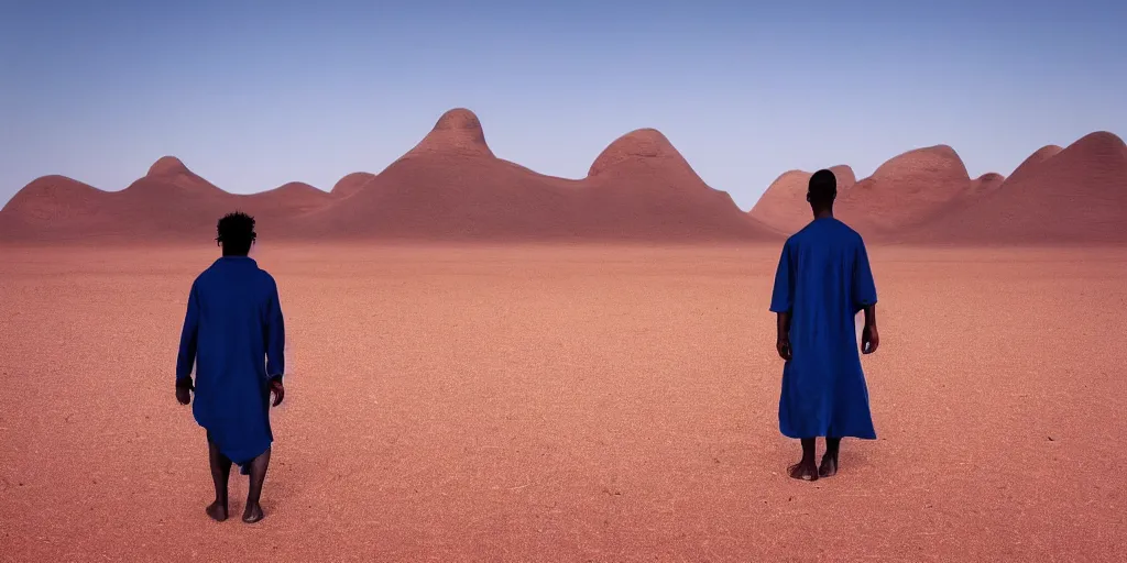 Image similar to of a photography of a man on walking on a desert along ants, with blue light dark blue sky, long cloths red like silk, ants are big and they shine on the sunlight, there are sand mountains on the background, a very small oasis on the far distant background along with some watch towers, ants are perfect symmetric insects, man is with black skin, the man have a backpack, the man stands out on the image, the ants make a line on the dunes, the sun up on the sky is strong, the sky is blue and there are some clouds, its like a caravan of a man guiding many ants on the dunes of the desert, colors are strong but calm, volumetric, detailed objects, Arabica style, wide view, 14mm,