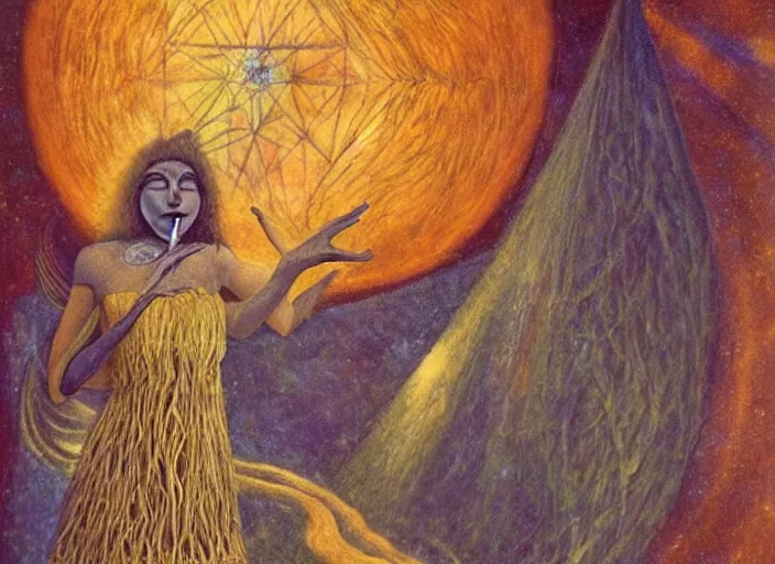 Image similar to a shaman woman spirit holding up the cosmic!! universe, by remedios varo, reflection, symbolist, occult, magic colors, dramatic lighting, smooth, sharp focus, extremely detailed, aesthetically pleasing composition