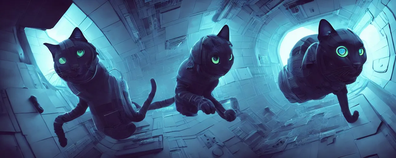 Image similar to duotone noir scifi concept dynamic illustration of 3 d mesh of alien cat inside box floating zero gravity glowing 3 d mesh portals futuristic, glowing eyes, octane render, surreal atmosphere, volumetric lighting. accidental renaissance. by sachin teng and sergey kolesov and ruan jia and heng z. graffiti art, scifi, fantasy, hyper detailed. trending on artstation