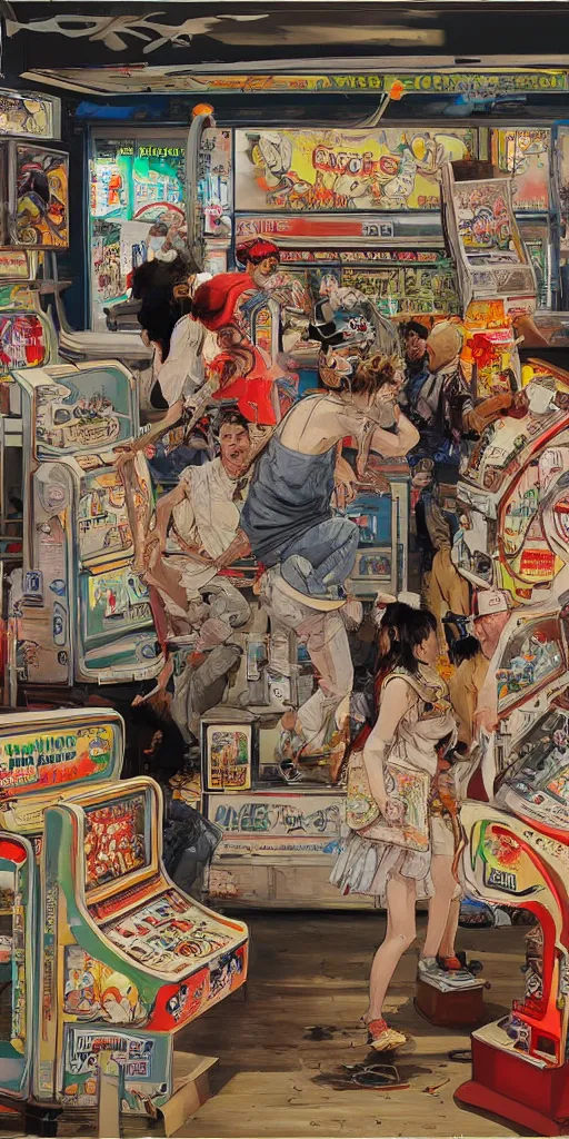 Image similar to oil painting scene from amusement arcade by kim jung gi