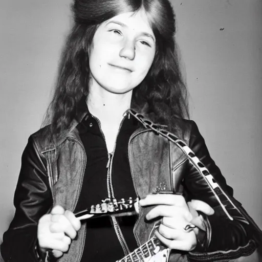 Prompt: 19-year-old girl wearing black leather jacket and denim jeans, shaggy wavy red hair, holding electric guitar, 1973 concert photo