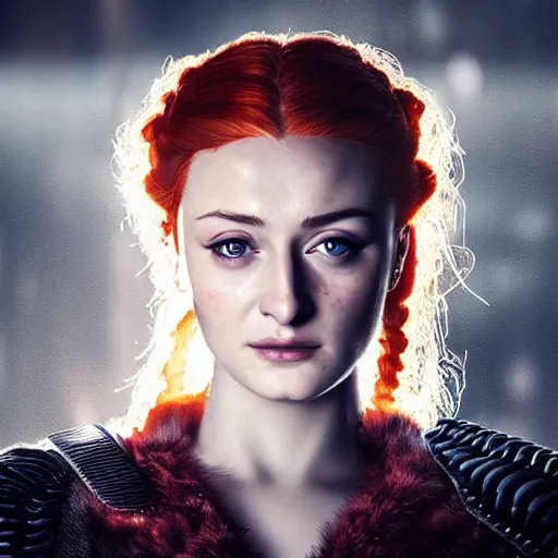 Image similar to portrait beautiful sansa stark in cyberpunk, high detail, dark dramatic light