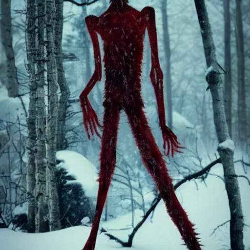 Image similar to blood soaked skinwalker, lanky, skinny, pale skin, snow, forest, dark, horrifying