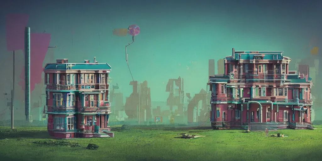 Image similar to 80s mansion in the style of simon stalenhag