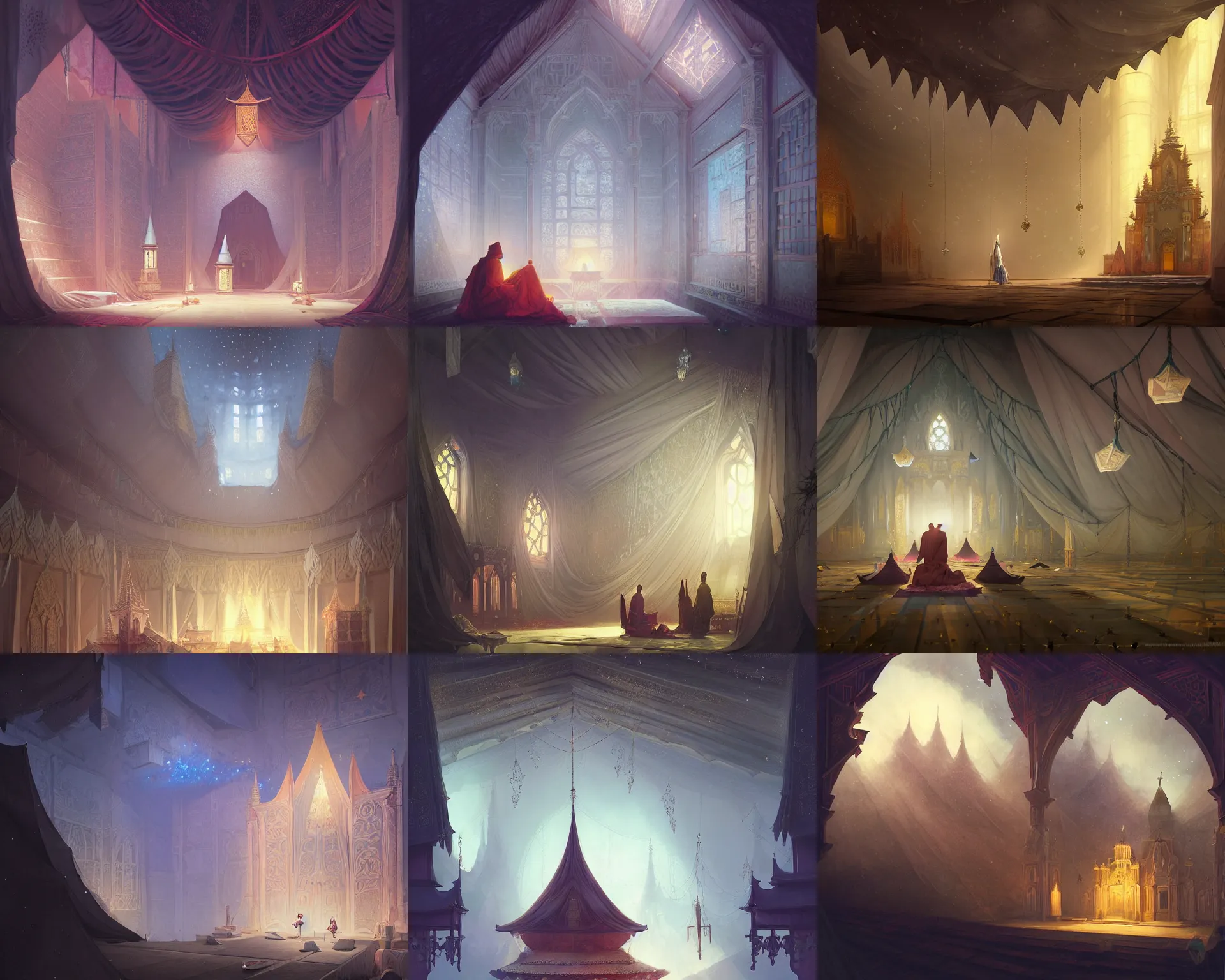 Prompt: polygonal monastery with giant walls and hanging tarp ceilings showing the stars and hanging silk drapery and tapestries, light dust, magnificent, close up, details, sharp focus, elegant, highly detailed, illustration, by Jordan Grimmer and greg rutkowski and PiNe(パイネ) and 薯子Imoko and 香川悠作 and wlop and maya takamura, intricate, beautiful, Trending artstation, pixiv, digital Art