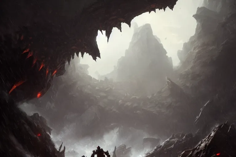 Prompt: an extremely heavy armored man running out of a cave entrance, followed by lots of horrifying monsters, ultradetailed fantasy illustration, by greg rutkowski, trending on artstation, 8 k, action shot