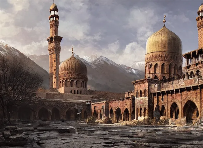 Prompt: Abandoned Jamia Masjid downtown Srinagar in mountains of Kashmir, a fantasy digital painting by Greg Rutkowski and James Gurney, trending on Artstation, highly detailed