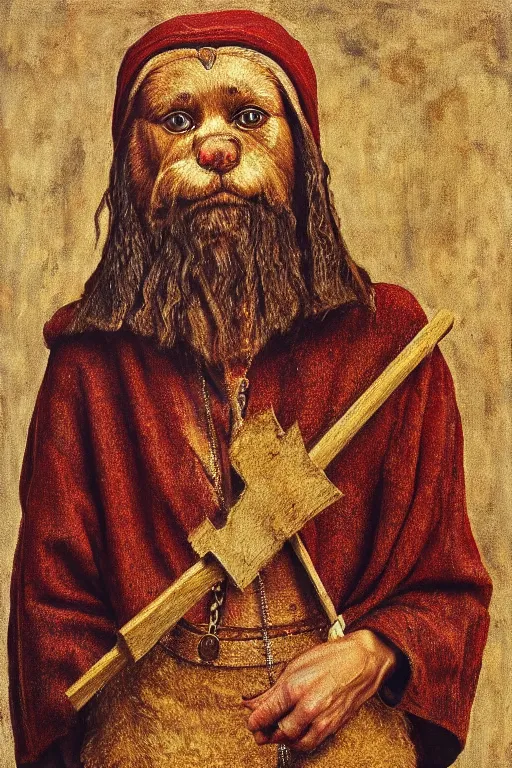 Image similar to Slavic dog head man, woolen torso in medieval clothes, holding an ax, Orthodox Saint Christopher, oil painting, hyperrealism, beautiful, high resolution, trending on artstation,