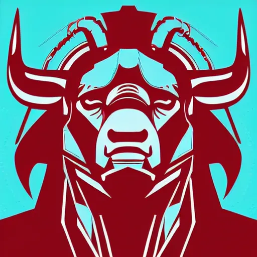 Image similar to a beautiful album cover of a cyberpunk bison by Shepard Fairey, red white and cyan color scheme