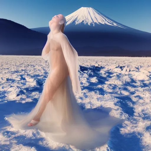 Image similar to a instax photo of fuji mountain, a tall japanese girl in a transparent sheer fabric dress against the background of fuji mountain, severe snow, full body shot, by peter kemp, by monia merlo, hyperrealistic, hyperdetailed, octane render, 8 k