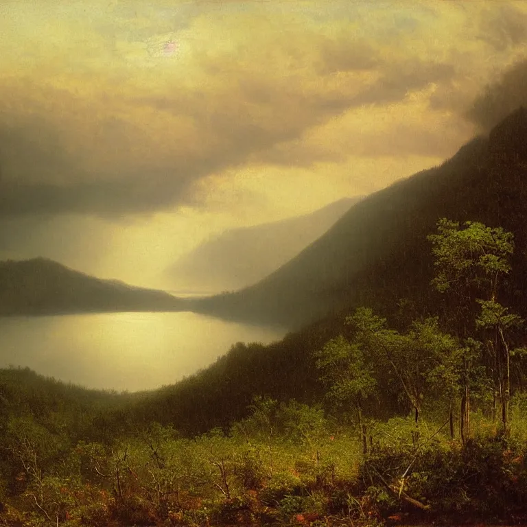 Image similar to hudson river school painting, Albert Bierstadt, naturalism, great river, Phragmites, steep mountains, incoming storm