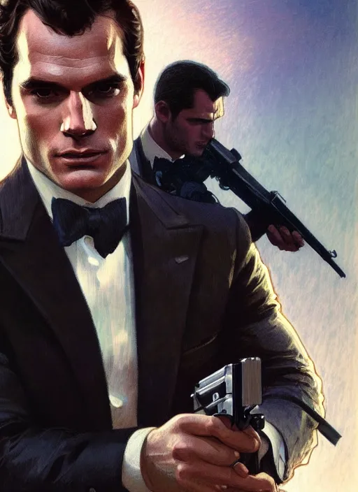 Image similar to portrait of henry cavill as james bond, casino, key art, running, highly detailed, digital painting, artstation, concept art, cinematic lighting, sharp focus, illustration, by gaston bussiere alphonse mucha