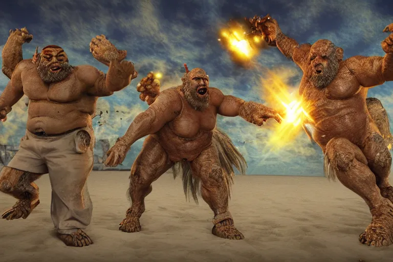 Image similar to photo, friends, man two old hairy fat ugly men! fighting alien monsters 4 0 5 4 7 on a beach, highly detailed, scary, intricate details, volumetric lighting, front view