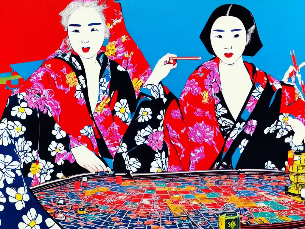 Image similar to hyperrealistic composition of the detailed woman in a japanese kimono sitting at a poker table with darth vader, fireworks, waves in the ocean with mountains in the background, pop - art style, jacky tsai style, andy warhol style, acrylic on canvas