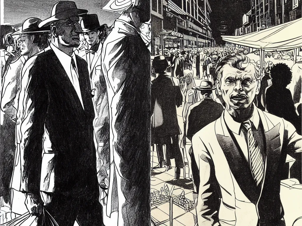Prompt: glorious minimalist pen illustration by Jean Giraud, vintage sci-fi comic book illustration by Syd Mead and Ralph Mcquarrie, surrealist overhead extreme close-up of curly headed tan man in suit walking through crowded downtown market by Edward Hopper, by Jean Giraud