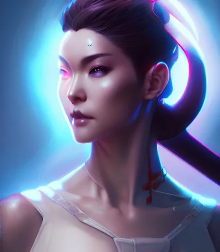 Image similar to beautiful portrait of a cyberpunk goddess who looks like Chun Li , character design by charlie bowater, ross tran, artgerm, and makoto shinkai, detailed, soft lighting, rendered in octane