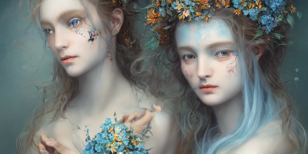 Prompt: breathtaking detailed concept art painting portrait of two hugs goddess of light blue flowers, carroty hair, orthodox saint, with anxious piercing eyes, ornate background, amalgamation of leaves and flowers, by hsiao - ron cheng, extremely moody lighting, 8 k