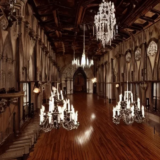 Image similar to gothic hall with large chandeliers under the ceiling, horror style