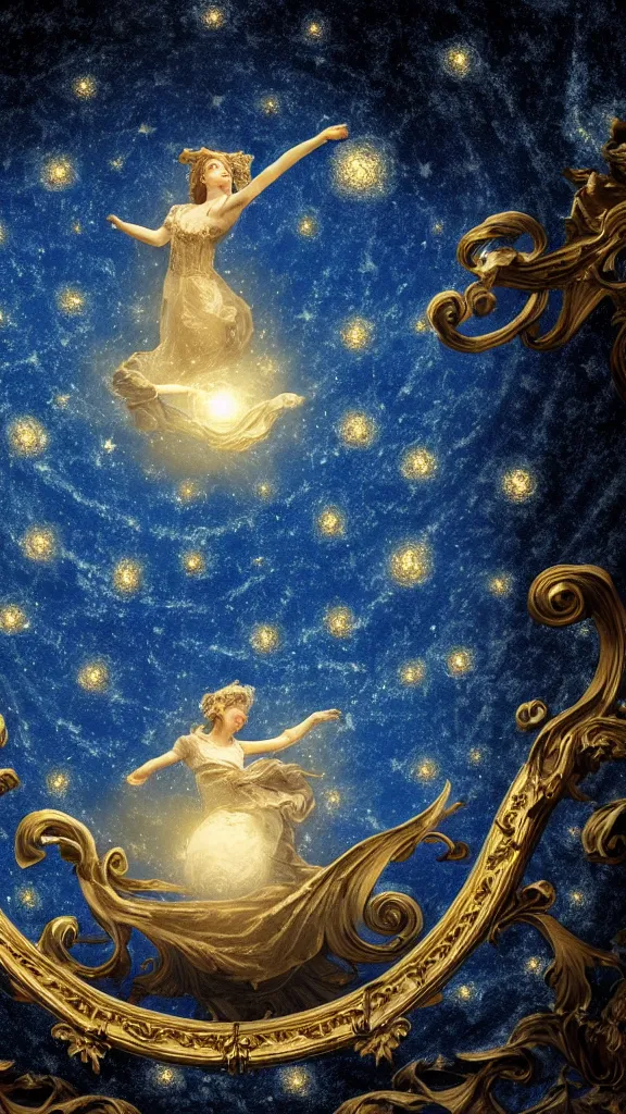 Prompt: sky in a starry night with glowing meteor showers, ascension of a woman decomposing and dissolving into moon, dark - blue black gold beige saturated, ornate baroque rococo art nouveau intricate detail, 3 d specular lighting, cinematic, blur