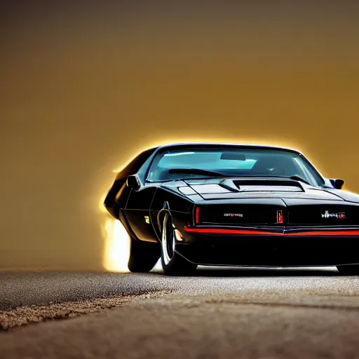 Image similar to black pontiac firebird trans - am driving towards the camera, mountain, valley, breathtaking mountains, lake, dynamic, sunrise, cinematic, motionblur, sunbeams, volumetric lighting, wide shot, low angle, mind flayer, lightning, mind flayer, lightning creature