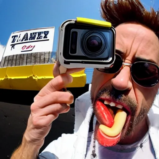 Image similar to robert downey jr eating a delicious hot dog on the moon, gopro selfie with a fisheye lens