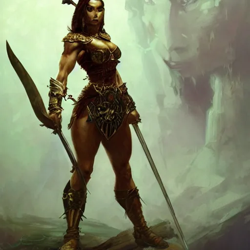 Image similar to warrior princess character portrait by frank frazetta - wearing ornate armor, holding a spear, striking a pose, fantasy, dungeons & dragons, sharp focus, beautiful, artstation contest winner, detailed